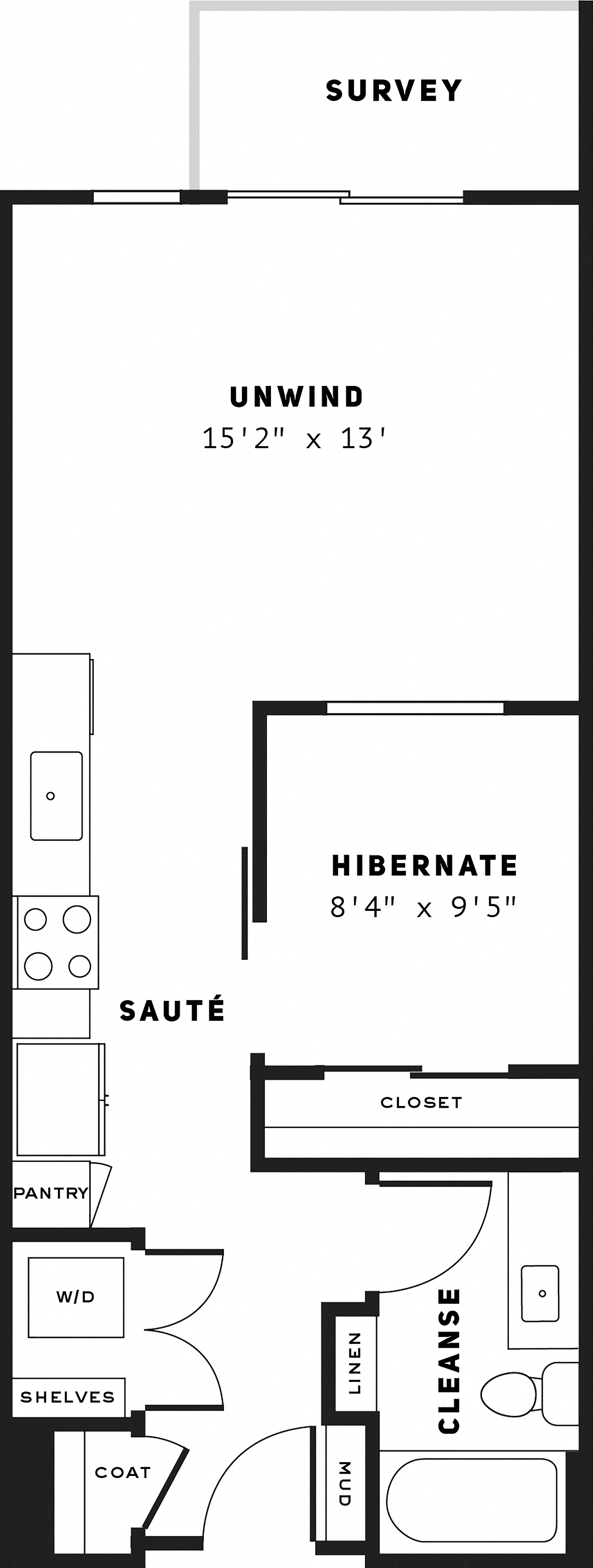 Floor plan for 1 bed, 1 bath, 589 sqft